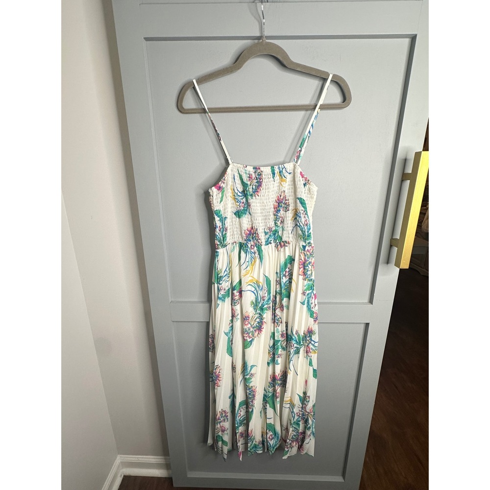 A. Calin Flying Tomato Floral Smocked Midi Dress White Pink Blue AD1552 Womens M